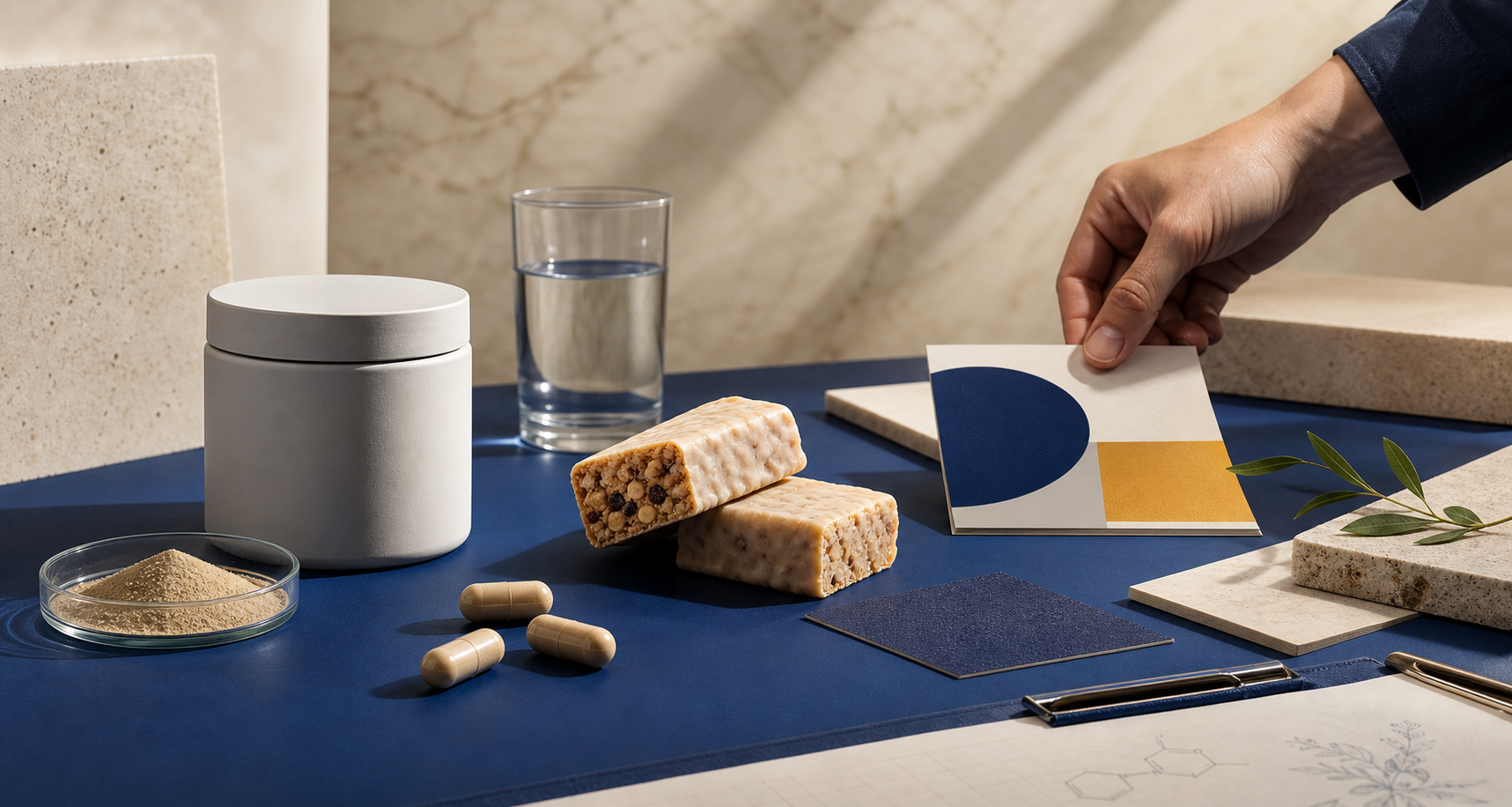 Unbranded supplement and functional nutrition prototypes in a product development studio